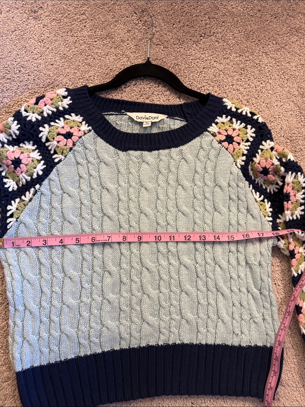 DAVI & DANI Navy and Light Blue Crochet Floral Sleeve Cable Knit Sweater - Picture 13 of 16